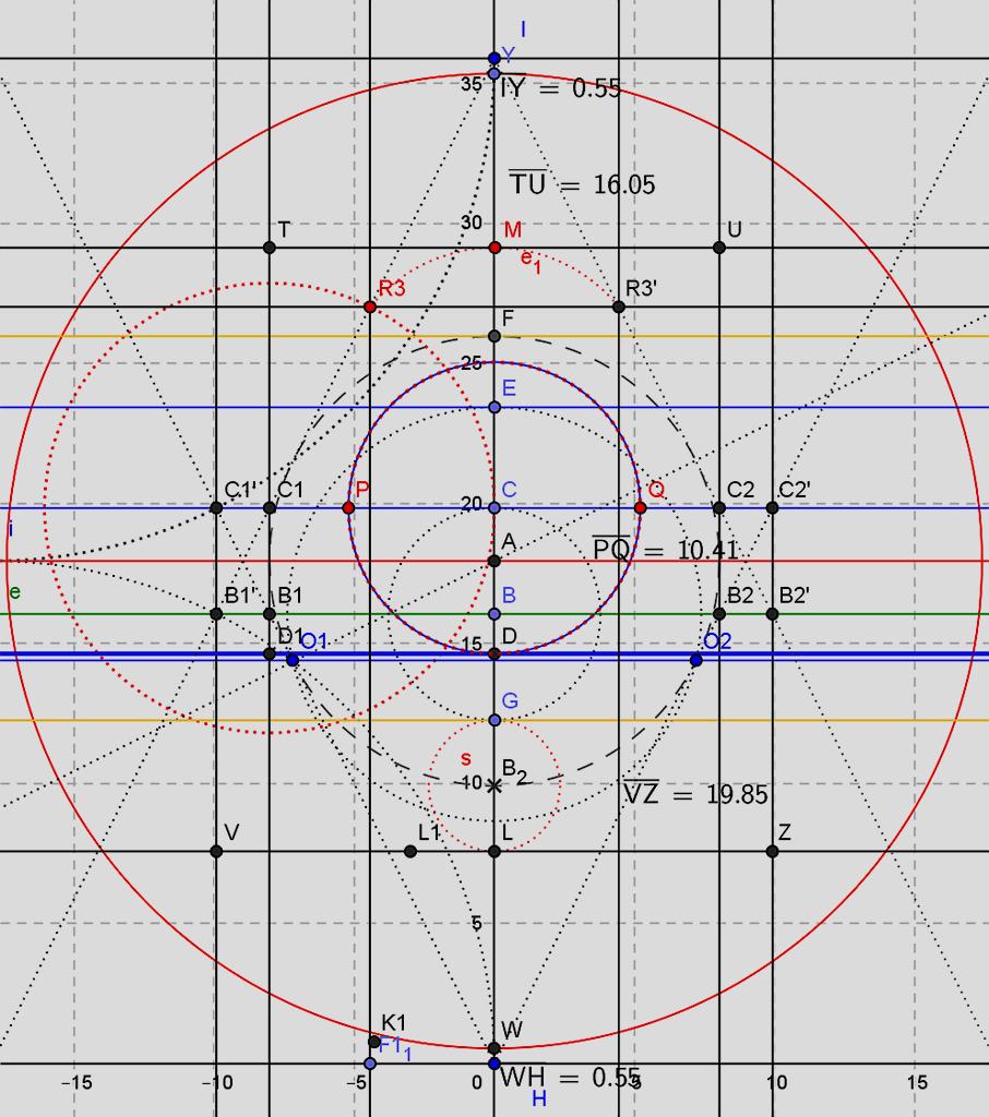 9- Tracciando la circonferenza con centro C e raggio C-C1 si individua R3 sulla retta I-H1. La circonferenza con raggio E-R3 e centro E individua sulla mezzeria il punto M.