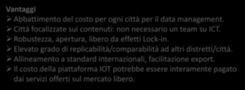 Vantaggi Abbattimento del costo per ogni città per il data management. Città focalizzate sui contenuti: non necessario un team su ICT. Robustezza, apertura, libero da effetti Lock-in.