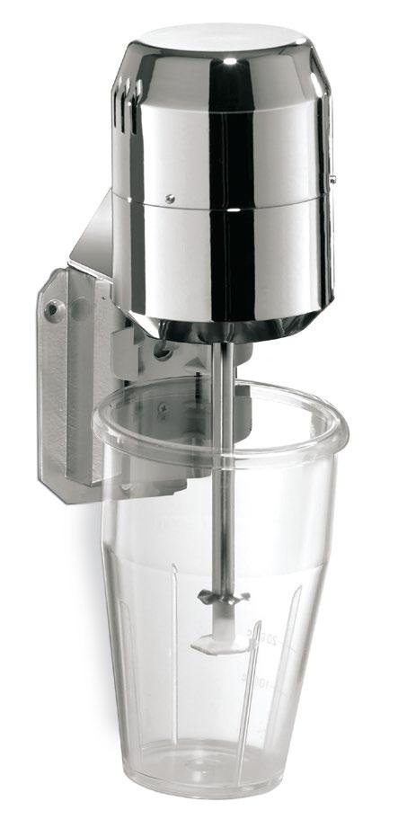 T1 Frullino da parete Milk-shake mixer Colori: supporto in alluminio verniciato grigio silver, calotta motore cromata Opzioni: bicchiere in acciaio inox - agitatore shakerato Bicchiere: policarbonato