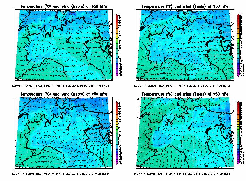 Figura 4 - Evoluzione della temperatura (colori) e del vento (barbette) a 950 hpa tra le ore 00 UTC del 13 e del 16 dicembre 2018, intervallati ogni 24 ore.