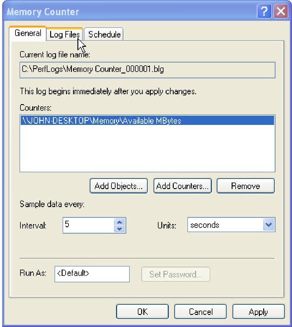 Modificare il campo Intervallo a 5. Selezionare la scheda File Registro.