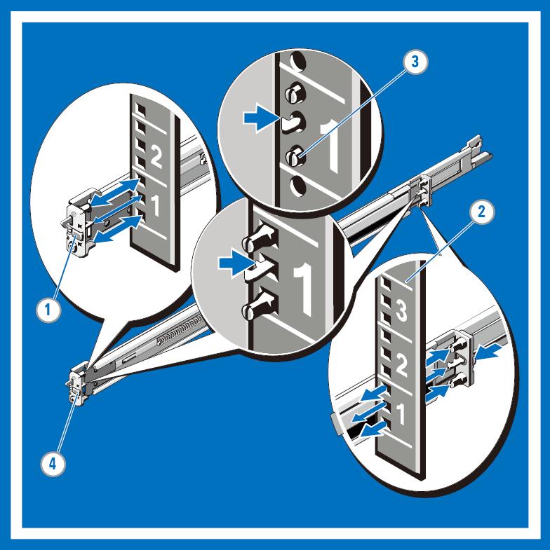 2. Installazione e rimozione dei binari senza strumenti (rack a fori quadrati o fori tondi) Posizionare le estremità sinistra e destra del binario con l etichetta FRONT rivolta verso l interno e