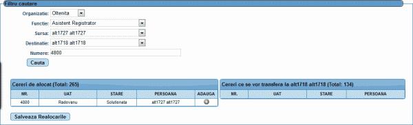 eterra RGI Pentru a muta o cerere in sectiunea "Cereri ce se vor transfera" se apasa butonul "Adauga" din zona "Cereri de alocat": In zona "Cereri ce se vor transfera la", utilizatorul poate