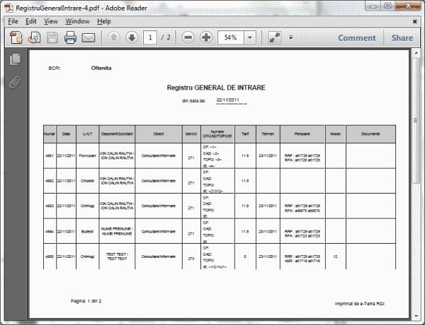 eterra RGI 110 Raportul afiseaza in antet date cu privire la: - OCPI - BCPI - Data inceput - Data sfarsit In tabelul raportului sunt afisate date referitoare la: - Nr Crt - Nr cerere - Data