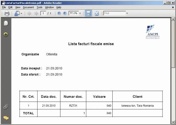 eterra RGI 130 In sectiunea de antet sunt afisate datele: - Organizatie - Data inceput - Data sfarsit In cuprinsul raportului sunt afisate date cu privire la: - Nr Crt - Data doc. - Numar doc.