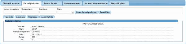 Daca utilizatorul doreste sa renunte la a salva va apasa butonul "Renunta" Detalii permite vizualizarea unei inregistrari deja existente in aplicatie si selectate in "Lista facturi proforme".