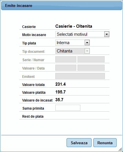 45 eterra RGI - Manual Utilizare 1.1.2.4.1 Operatii 1.Emite incasare 2.Detalii Emite incasare permite adaugarea unei incasari prin numerar pentru o cerere sau pentru un pachet de cereri.