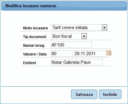 eterra RGI 50 Utilizatorul poate modifica urmatoarele informatii: - Motiv incasare - Tip document - Numar inregistrare - Valoare - Data - Emitent Pentru finalizarea operatiei se va apasa butonul.