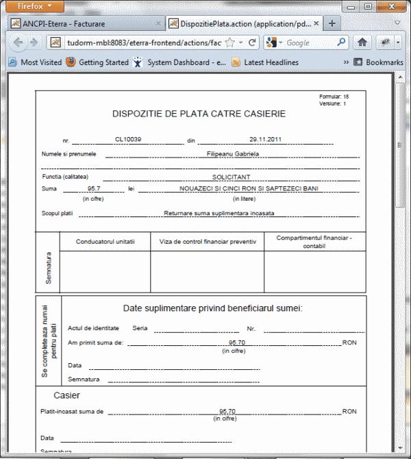 eterra RGI 60 Documentul va fi afisat in numarul de exemplare configurat in baza de date pentru tipul de document "Dispozitie de plata" Inapoi in lista este operatia