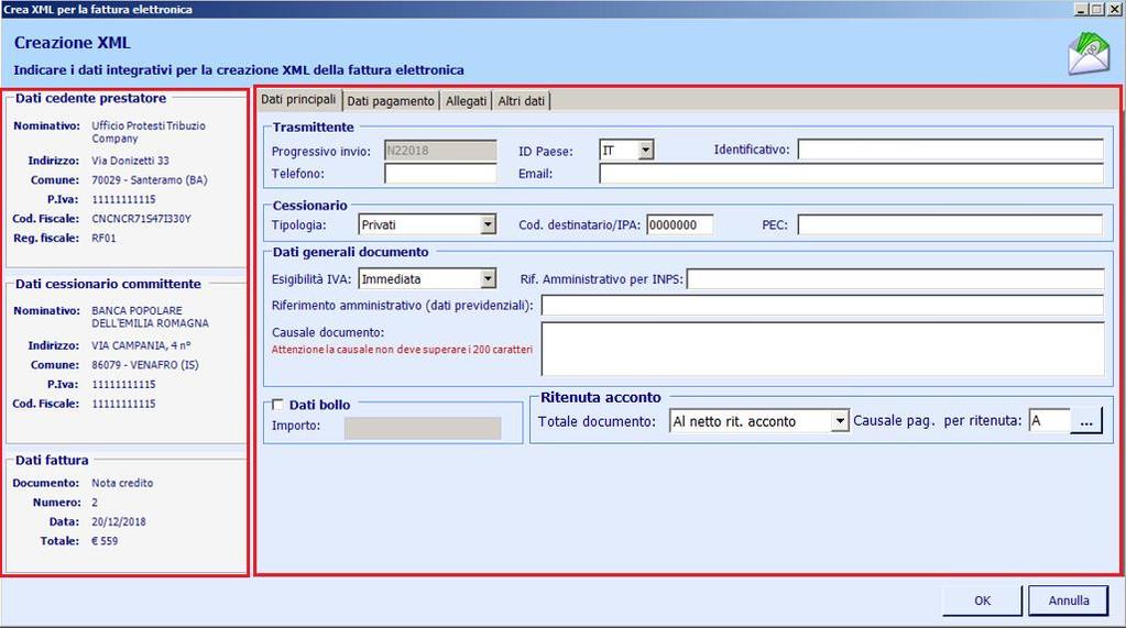 2 FORM DI CREAZIONE XML Dal form di Creazione XML è possibile integrare la parcella con le informazioni di fatturazione elettronica.