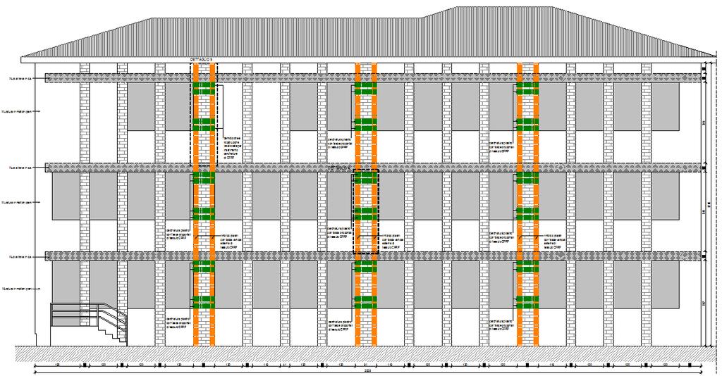 Pagina 13 di 20 Prospetto parete Sud, con evidenziati gli interventi con fibre sui pilastri principali Particolare del rinforzo (lato