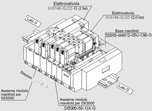 SX3000/5000 Esecuzioni su richiesta Tipo M45 Plug-in Questo manifold rende possibile montare SX3000 sulla base SX5000 Codici di ordinazione Manifold M45 (Montaggio combinato) SS5X5 M45 F Esecuz.