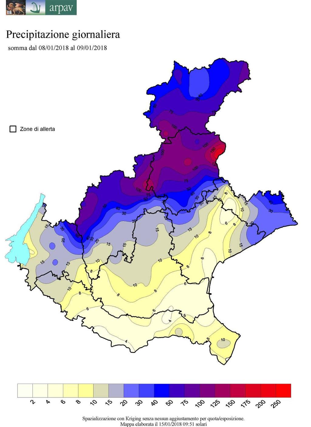 Figura 3 - Mappa della precipitazione totale dei giorni 08-09/01/2018 N.B.