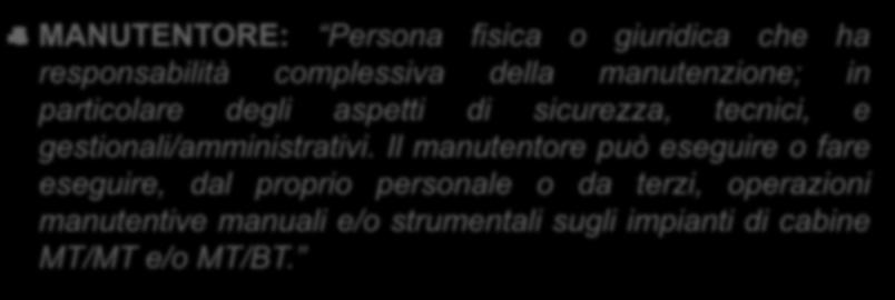 Manutenzione cabine elettriche dei clienti/utenti finali Norma CEI 78-17: profili delle figure (personale) addetto alla manutenzione: MANUTENTORE: Persona fisica o