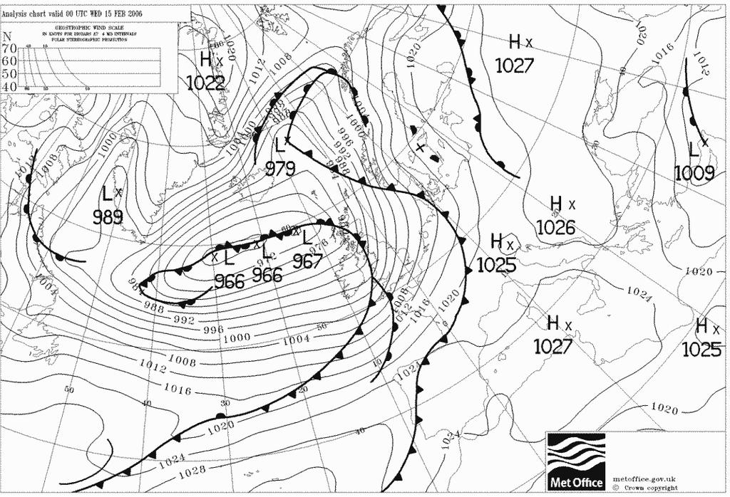 Evento meteorologico del 15-16 febbraio 2006 Sinottica ed evoluzione meteo: nella giornata del 15 febbraio, una vasta saccatura con associato un profondo minimo di pressione (960-965 hpa) a