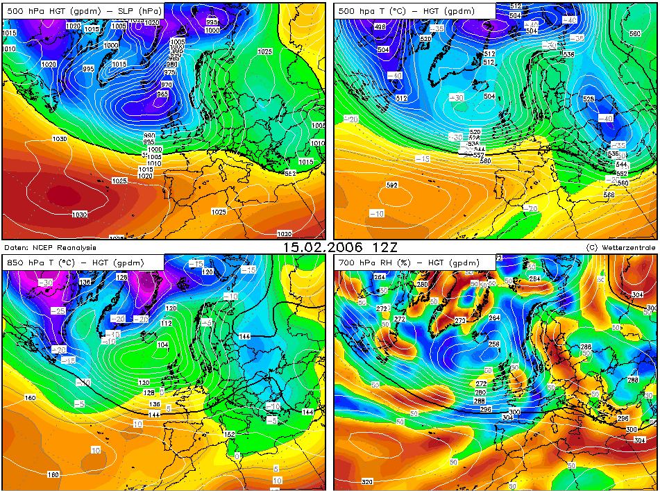 Immagine 3: pressione al suolo, altezza del geopotenziale a 500 hpa, temperatura a 850 hpa e umidità relativa a 700 hpa alle ore 12 UTC del 15 febbraio 2006.