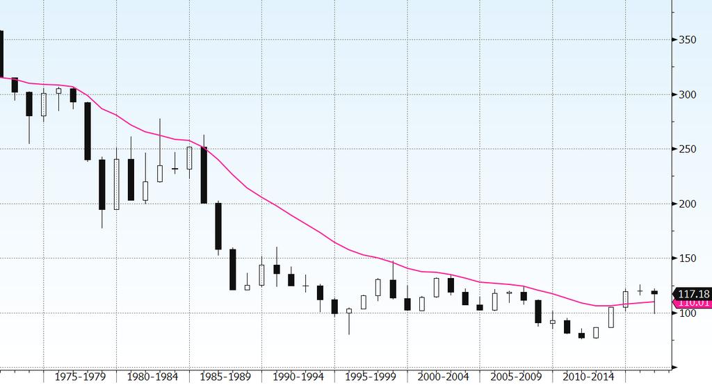 UsdJpy analisi tecnica Non possiamo fare a meno di notare in questa chiusura di 2016 come il rapporto di cambio Usd/Jpy per il terzo anno consecutivo è riuscito a chiudere sopra la media mobile a 16