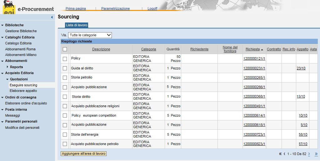 Creare la richiesta di quotazione per l acquisto dell editoria Si visualizzerà una Lista di lavoro riportante tutti gli articoli per cui è stato richiesto il