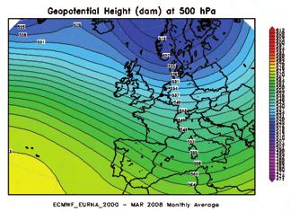Figura 2.3 - Marzo. Geopotenziale a 500 hpa del 2008 (a sinistra) a confronto con il periodo climatico dalla Scandinavia si è allungata fin sul Mediterraneo centrale.