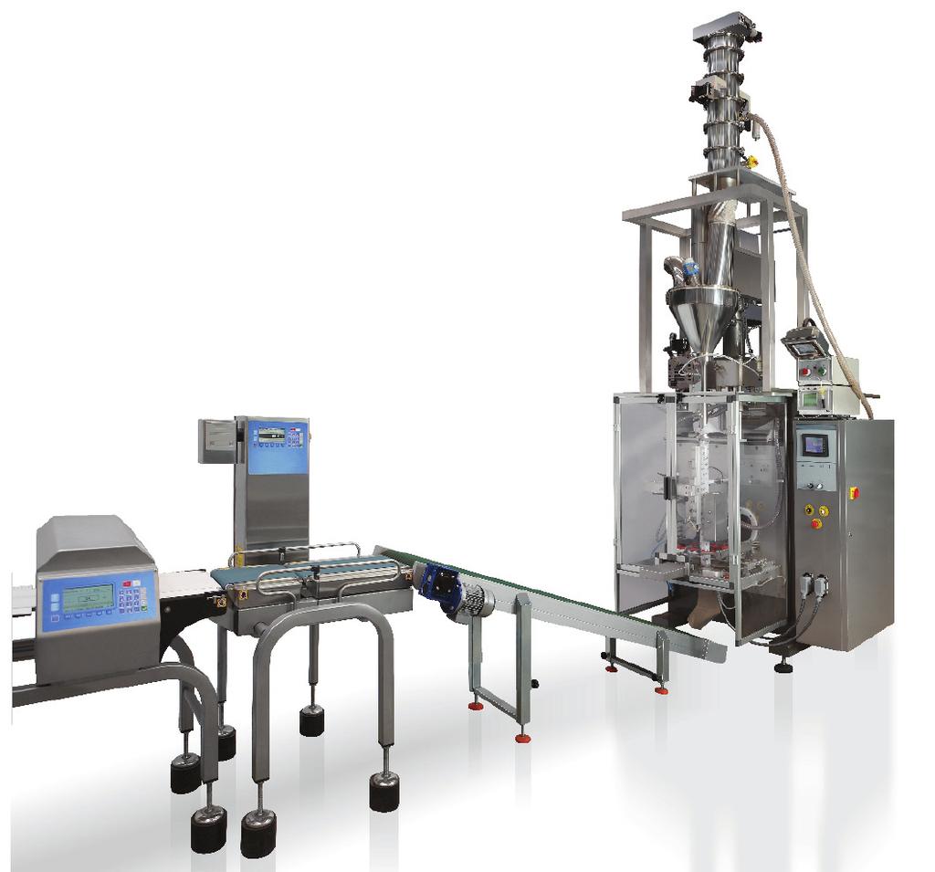PFM Azimuth Servo vertical packaging machine for the production of block-bottom packs. CAMA end of line with CL-155 sleever for inserting bag into box.