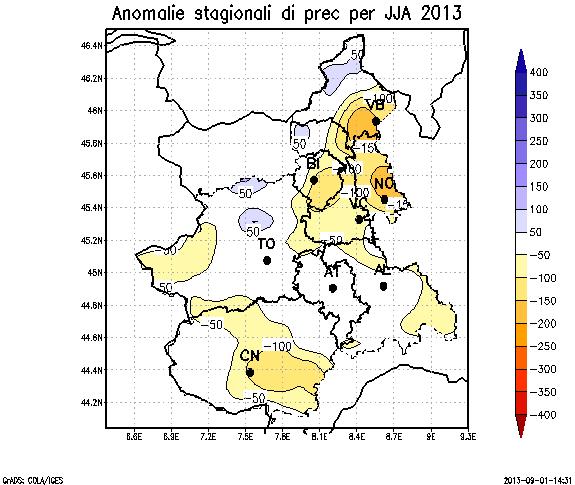 Precipitazioni Nell Estate 2013 sono caduti mediamente 229.4 mm di precipitazione sul Piemonte, con un deficit di circa 28 mm (-11%) rispetto al valore atteso di 257.