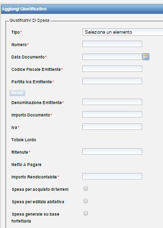 ; Numero : presente sul documento; Data documento ; Codice fiscale emittente ; Partita Iva emittente : se già inserito, ricopiare il CF; Denominazione emittente ; Importo documento ; IVA ; Ritenute ;