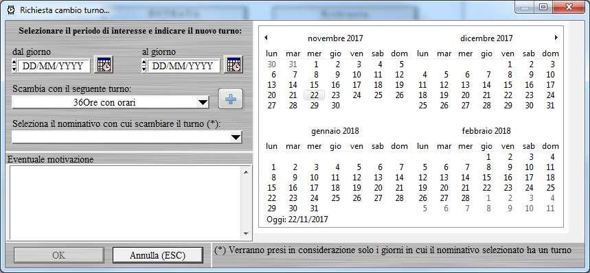 FUNZIONE PER LA RICHIESTA DI CAMBIO TURNO (torna all'indice) Nel modulo timbrature è possibile effettuare una richiesta di cambio turno (o scambio turno con un collega).