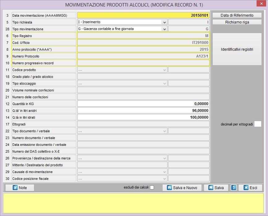 Campo 3 - Data movimentazione = data antecedente al primo movimento associato al registro.