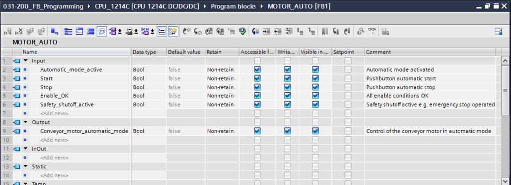 (fi Outputfi Motore_nastro_automatico fi Bool fi Comando del motore del nastro in funzionamento automatico) fi Inserire come interfaccia di ingresso Input prima il parametro #Automatic_mode_active e