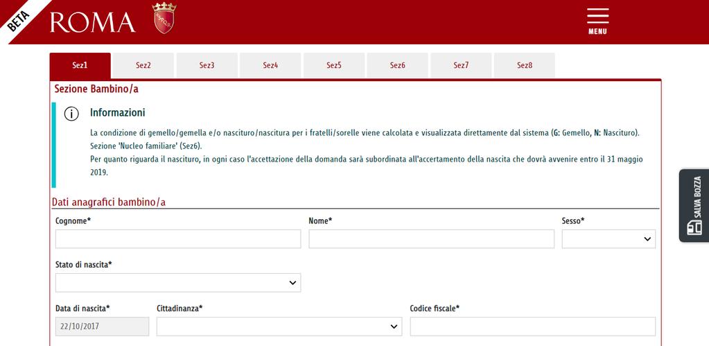 Sezione Bambino (obbligatoria) sezione relativa ai dati anagrafici del bambino; la data di nascita