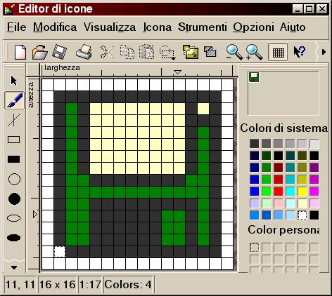 Nel caso dell'icona rappresentata in figura, la matrice sarebbe: BBBBBBBBBBBBBBBB BNNNNNNNNNNNNNNB BNVNGGGGGGGGNGNB BNVNGGGGGGGGNNNB BNVVNNNNNNNNVVNB BNVVVVVVVVVVVVNB BBNNNNNNNNNNNNNB