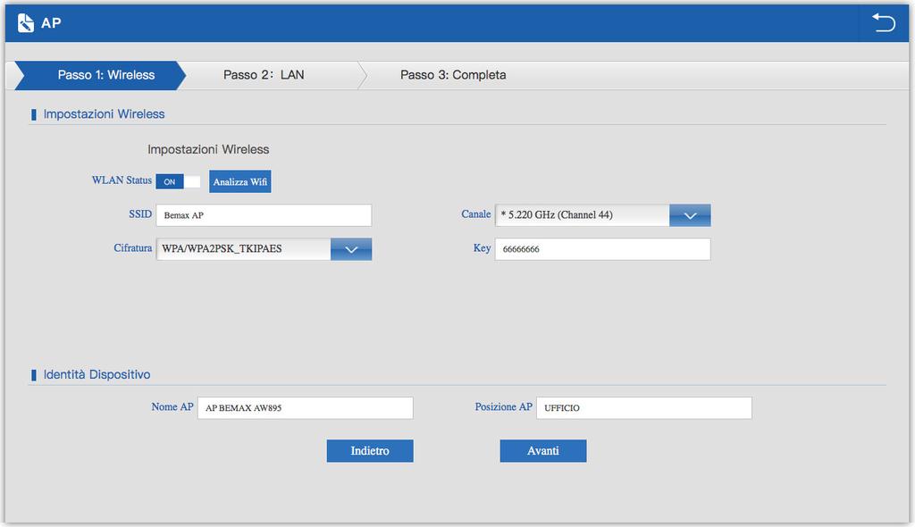 impostare il tipo di [Cifratura] e la password [Key] fornita dal provider cliccare su [Avanti] per continuare la configurazione Passo 2: WAN selezionare il tipo di WAN da impostare (seguire le