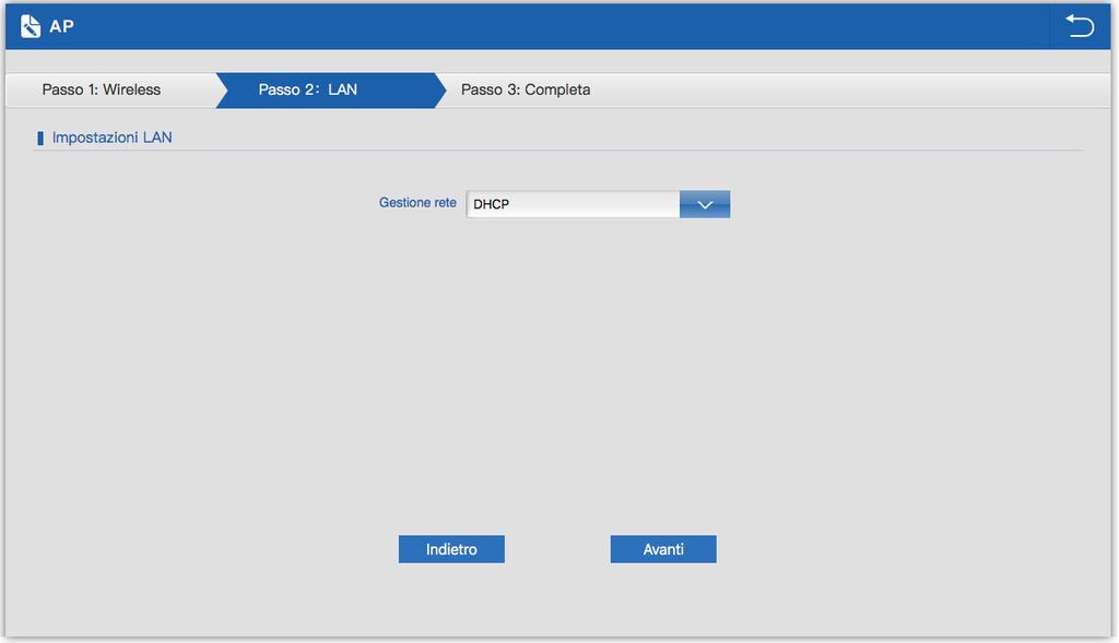 Passo 2: LAN [Gestione rete] si impostano i parametri della rete lan. In DHCP il dispositivo si posizionerà sul primo indirizzo disponibile della rete.