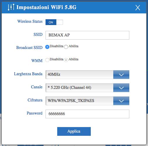 click su [Disabilita] alla voce Broadcast SSID click su [Applica] per rendere effettive le modifiche. Nota 1: La stessa operazione può essere effettuata dal percorso: [Avanzate] -> [5.