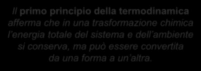 9.2 Primo principio della termodinamica e sistemi chimici Il primo principio della termodinamica afferma che in una trasformazione chimica l energia totale