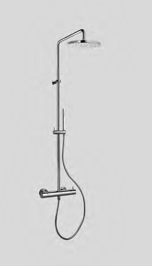 esterno con soffione Ø200 mm in A.B.S e doccia monogetto // Shower column with thermostatic mixer with Ø200 mm A.B.S rain jet anti-lime showerhead and adjustable shower holder with handshower deviatore integrato con arresto blocco di sicurezza a 38 C soffione Ø200 in A.