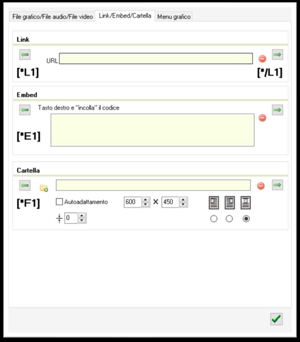 Se abbiamo inserito più di un video, utilizzando la freccia verde, osserveremo che, quando si cambia scheda, cambia anche il codice: video 1 [*V1], video 2 [*V2], video 3 [*V3], video 4 [*V4], etc.