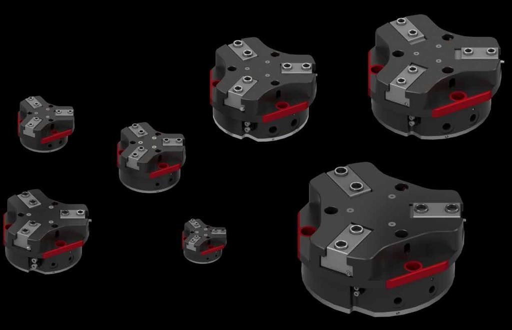 Pinza pneumatica a 3 griffe ad azione parallela autocentrante serie zionamento a doppio effetto, con molle opzionali (in chiusura o apertura) (3). Corsa lunga o corsa corta (1).