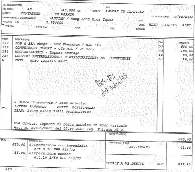 L annotazione nel registro IVA acquisti sarà la seguente: N. Doc. Data Doc. Fornitore Imponibile Aliquota IVA Art. non applicaz......... V104211 08/03/2018 Schenker Italiana 1.