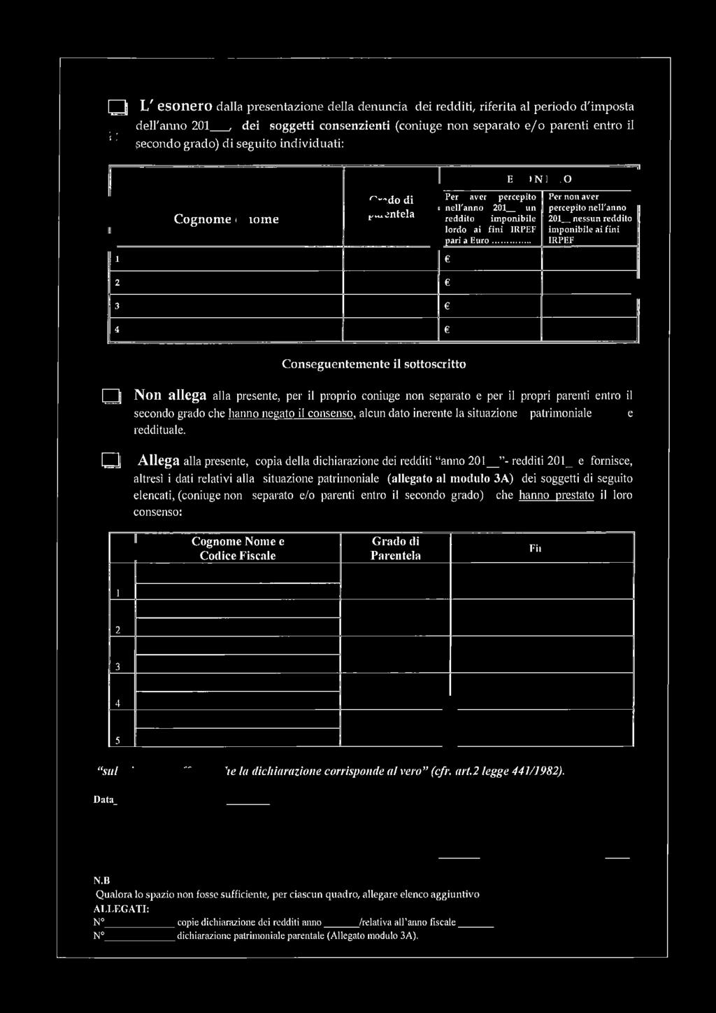 o. L ' L' esonero dalla presentazione della demmcia dei redditi, riferita al periodo d'imposta dell'aimo 0, dei soggetti consenzienti (coniuge non separato e/o parenti entro il?