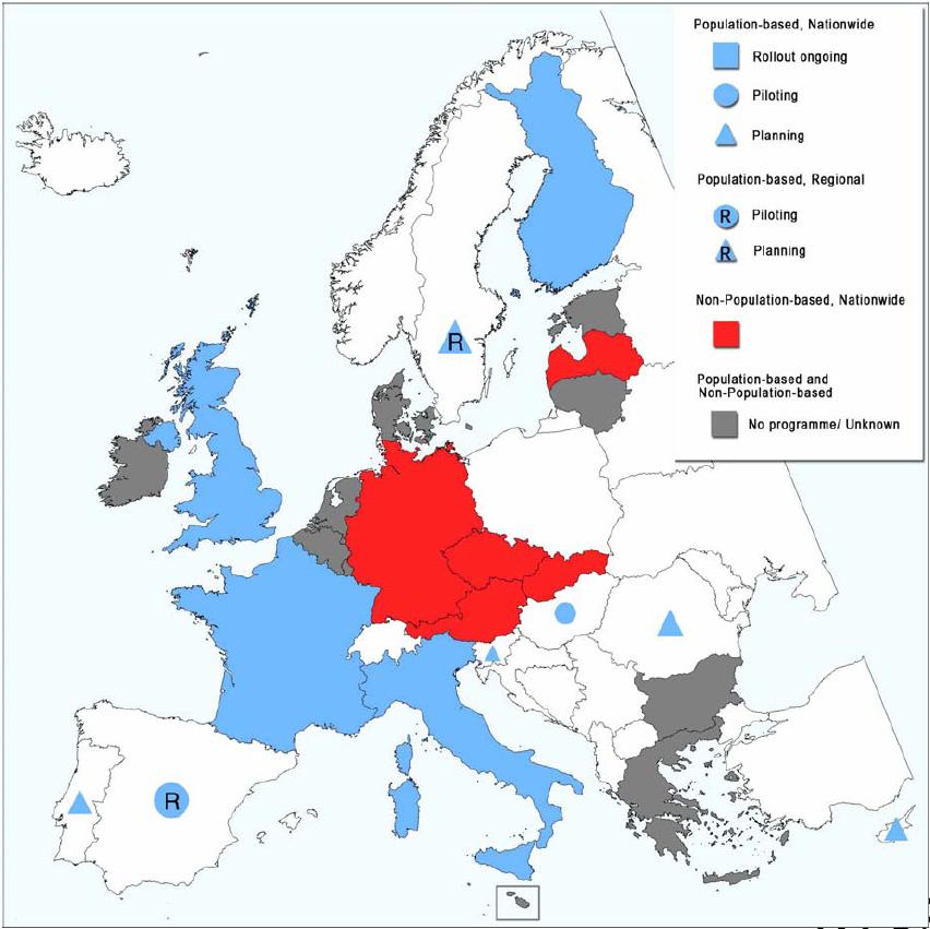 Colorectal cancer screening programmes based on FOBT (faecal occult blood test) in the European Union in 2007, by programme type (population-based, nationwide: rollout