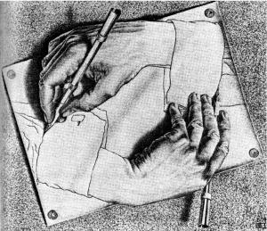 3.3 Esempio di paradosso in pittura L opera Mani che disegnano di Escher (1948) rappresenta un paradosso la cui causa è pure l identificazione di due livelli: livello 1 mano solo soggetto dell azione