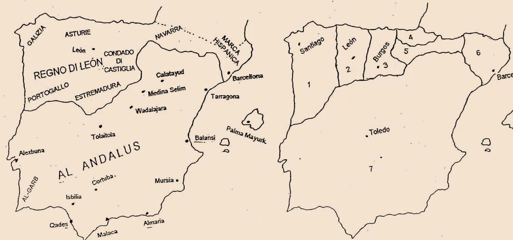 La penisola iberica nel X secolo LEGENDA: 1- Galego-portoghese; 2- Asturiano-leonese; 3- Castigliano; 4-