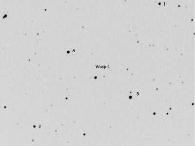 WASP-1: Campo coperto nelle riprese CCD del 6/11/2007 Sull immagine, le stelle di riferimento sono indicate con : A, B, 2 e 1 TRATTAMENTO DELLE IMMAGINI Software di elaborazione : IRIS 5.40 n.