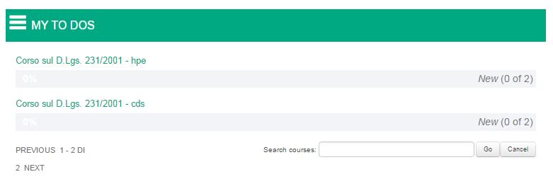 Sezione I miei corsi Nella sezione I miei corsi presente all'interno della Home Page troverai la lista dei corsi a cui sei iscritto e l'indicazione del loro completamento.