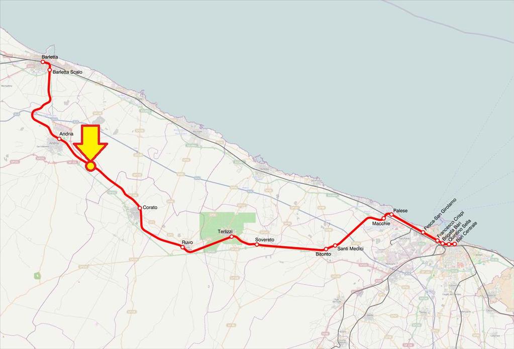 Mappa collegamento ferroviario Bari Barletta e localizzazione dell'imppatto dei treni Il 12 luglio 2016 un disastro ferroviario sulla linea regionale Bari Barletta, tra le stazioni di Andria e Corato