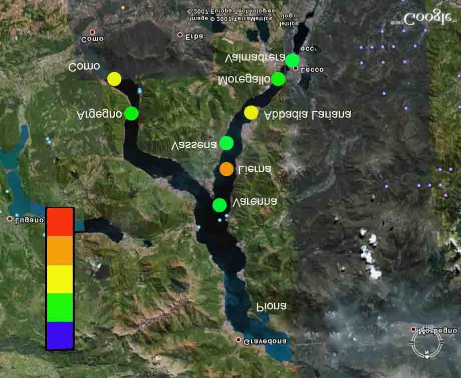 LAGO di COMO Mappa del Lago di Como con le stazioni campionate colorate in base ad una delle 5 classi di
