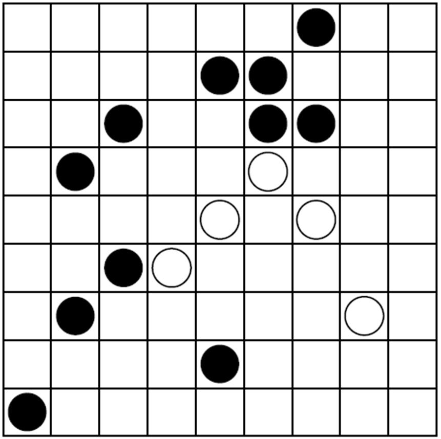 21-22. YIN YANG: Inserite in ogni casella vuota un cerchio bianco oppure nero. Non si possono formare aree 2x2 di cerchi dello stesso colore.