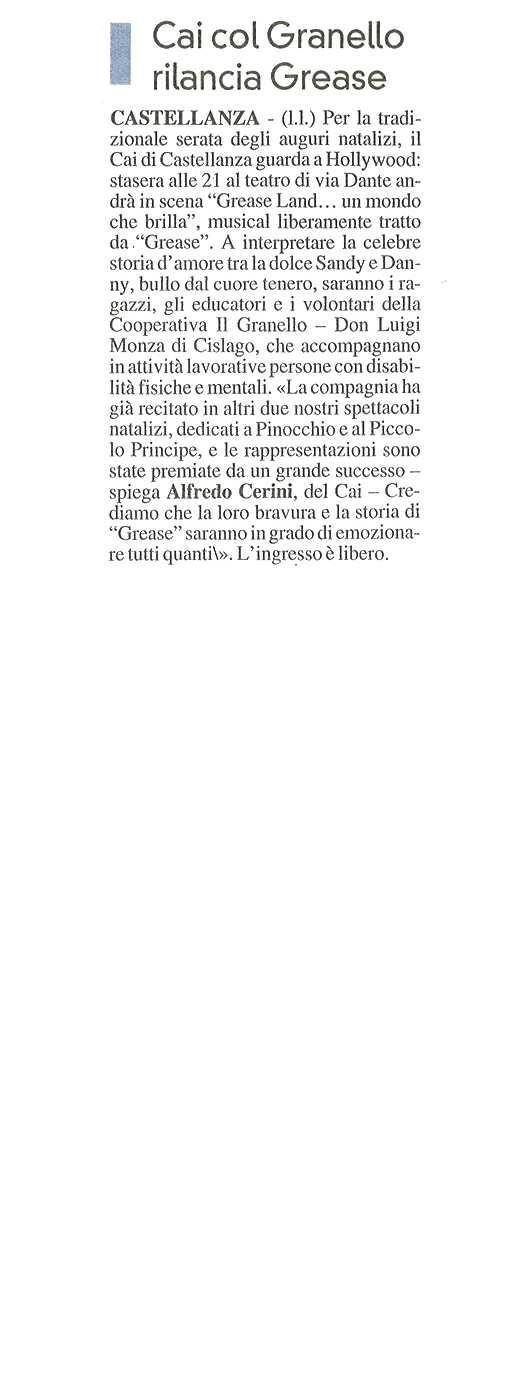 CAI COL GRANELLO RILANCIA GREASE pubblicato il 02/12/2016 a pag.