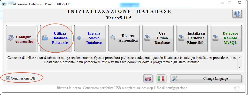 Se questa procedura non va a buon fine o si preferisce configurare manualmente, adoperare il pulsante Utilizza database esistente, selezionare la cartella contenente il database (in pratica la